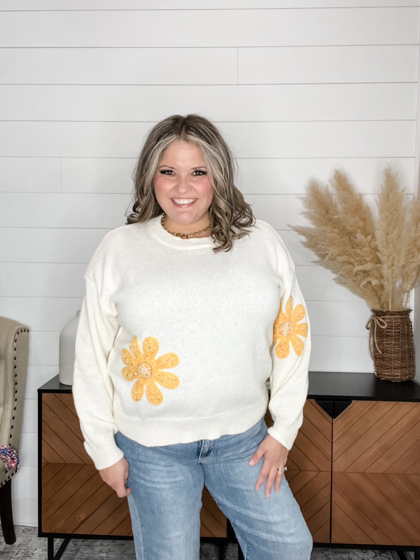 "Diego" Flower Accent Sweater with Jewel Embellishments