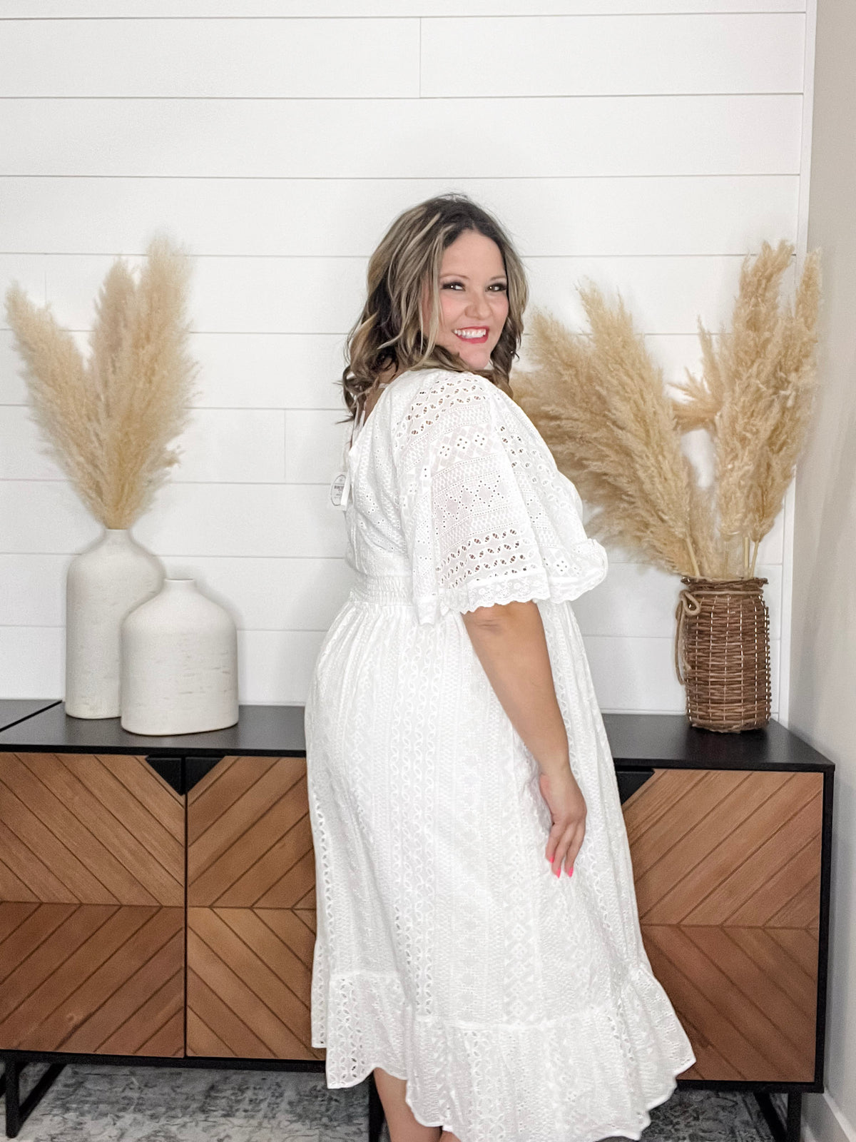 "New Leaf" Eyelet Short Sleeve Midi Dress