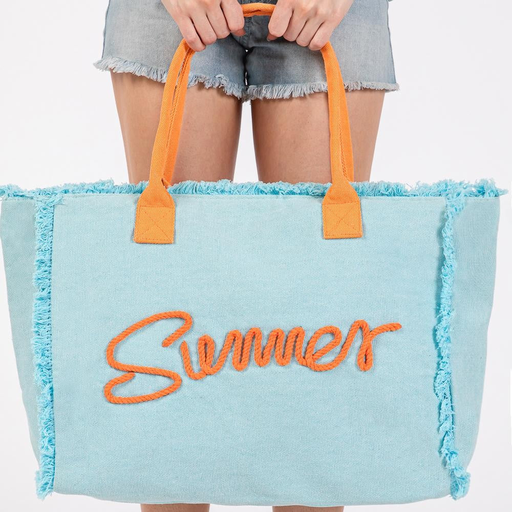 Sewn Rope 'Summer' Letter Fringed Canvas Tote Bag (Multiple Colors)
