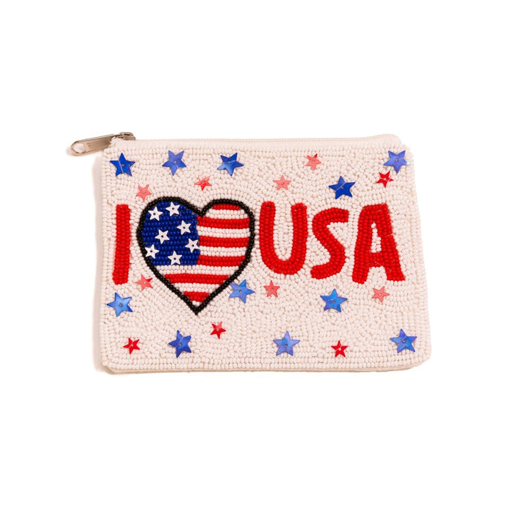 Seed Bead & Sequin Stars I Love USA Coin Pouch