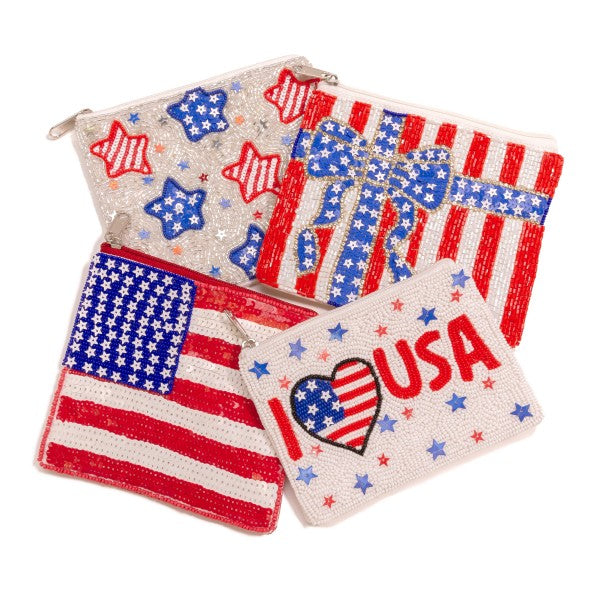 Seed Bead & Sequin Stars I Love USA Coin Pouch