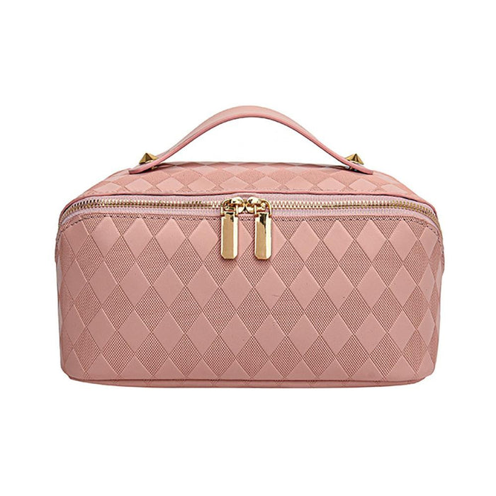Vegan Leather Diamond Checker Travel Makeup Bag - lays flat when opened | Lola Monroe Boutique