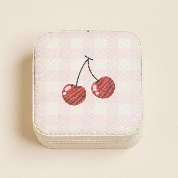 Plaid Cherries Print Vegan Leather Travel Jewelry Box