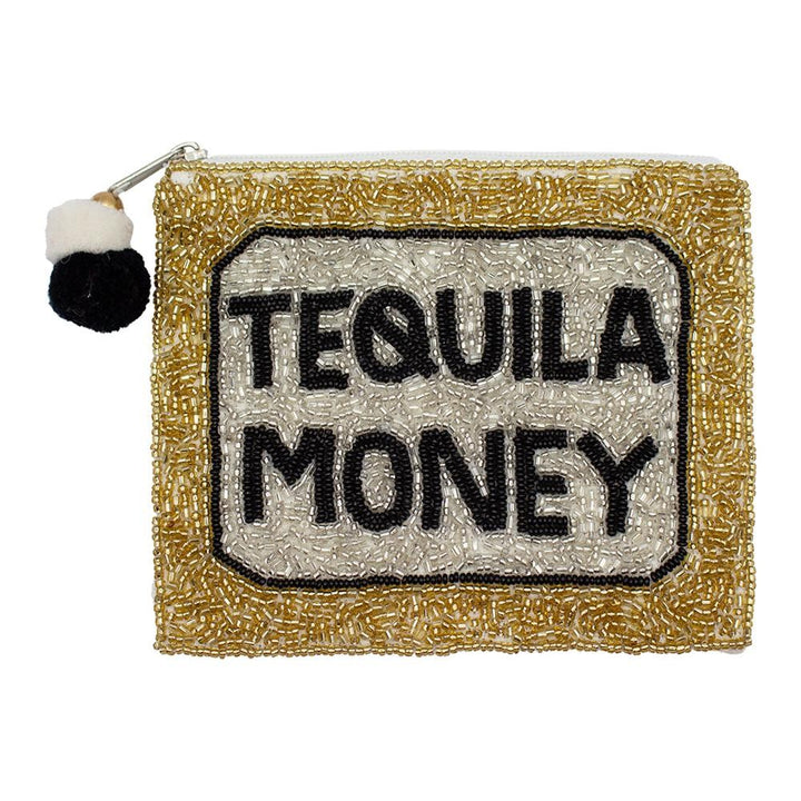 "TEQUILA MONEY" Seed Beaded Canvas Bag With Pom Pom Zipper