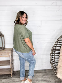 "Ponder" Oversized Hacci Tee with Chest Pocket (Light Olive)