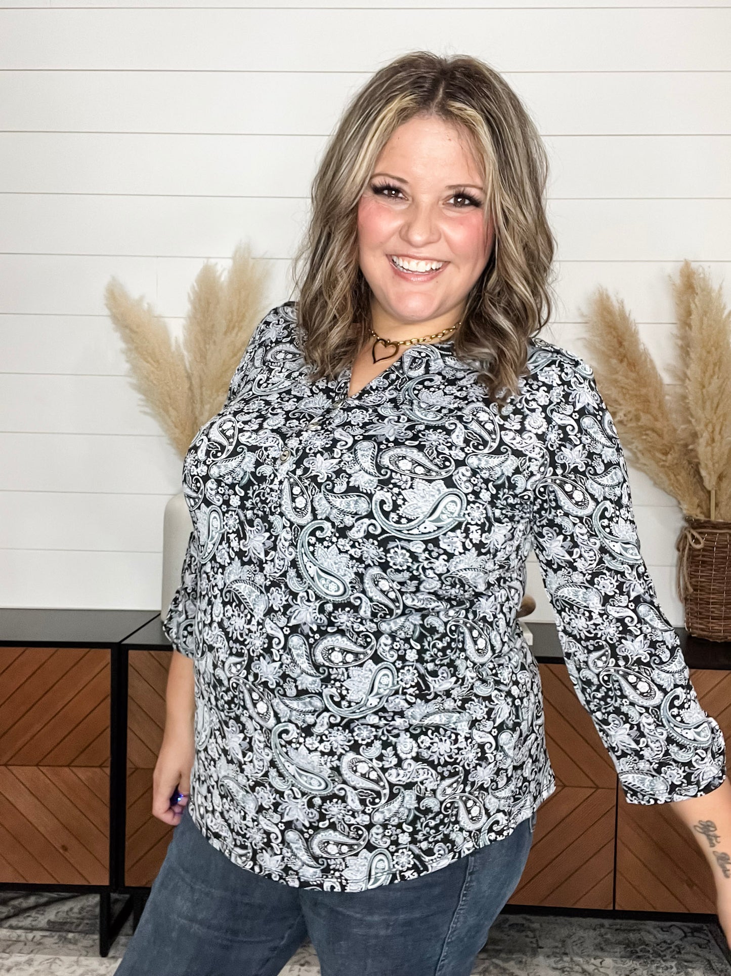 "Split Second" 3/4 Sleeve Button Front Lizzy Luxe