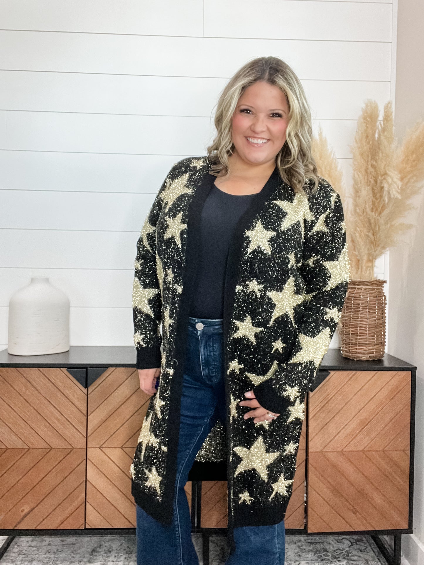 Black & Gold Star Print Thick Cardigan
