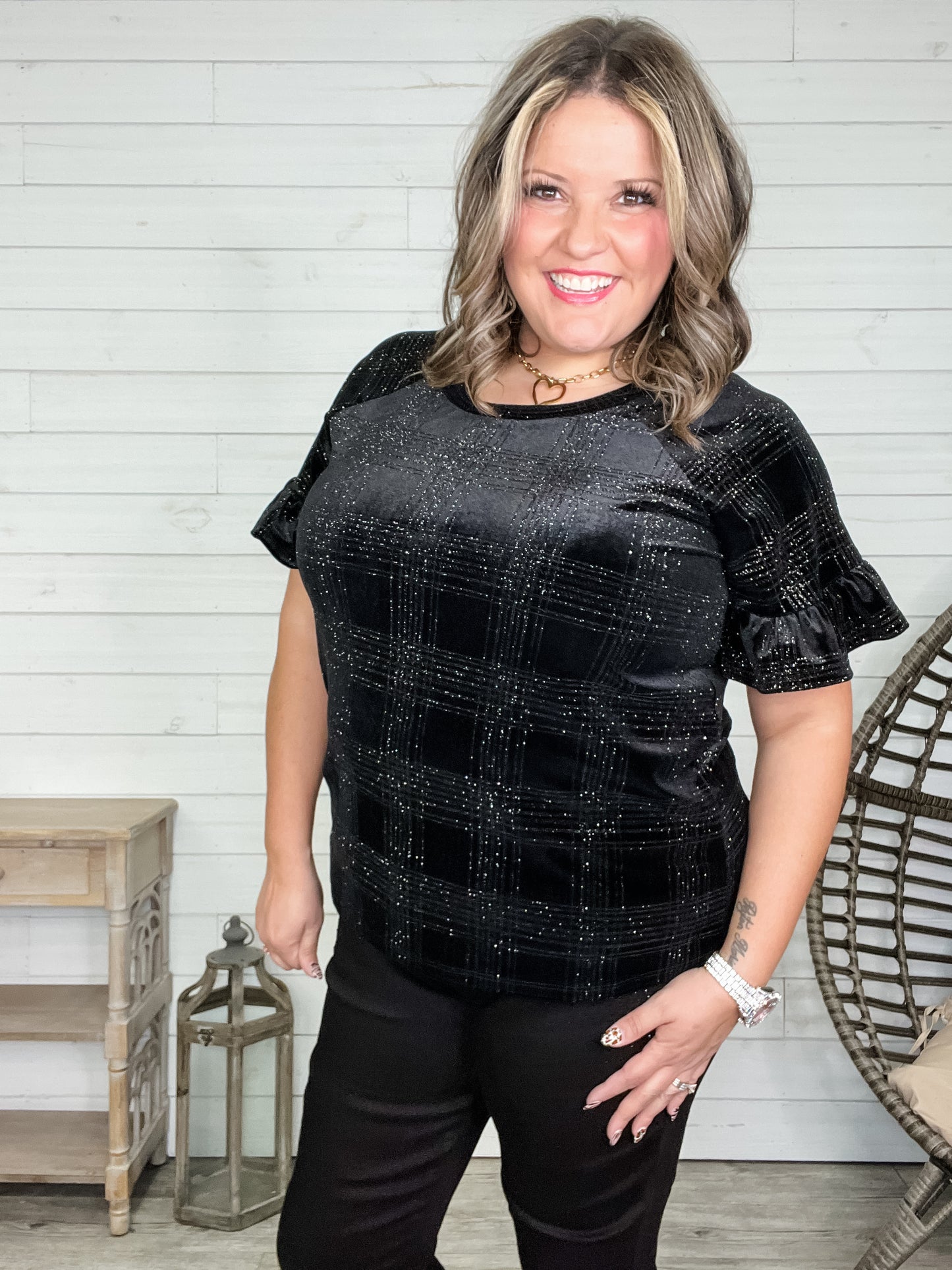 "Chimney" Glitter Velour Short Puff Sleeve Black on Black Plaid