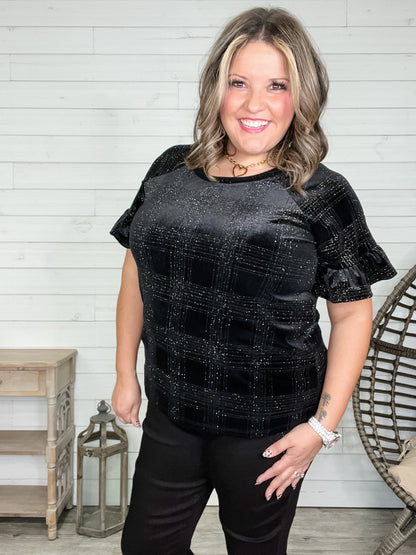 "Chimney" Glitter Velour Short Puff Sleeve Black on Black Plaid