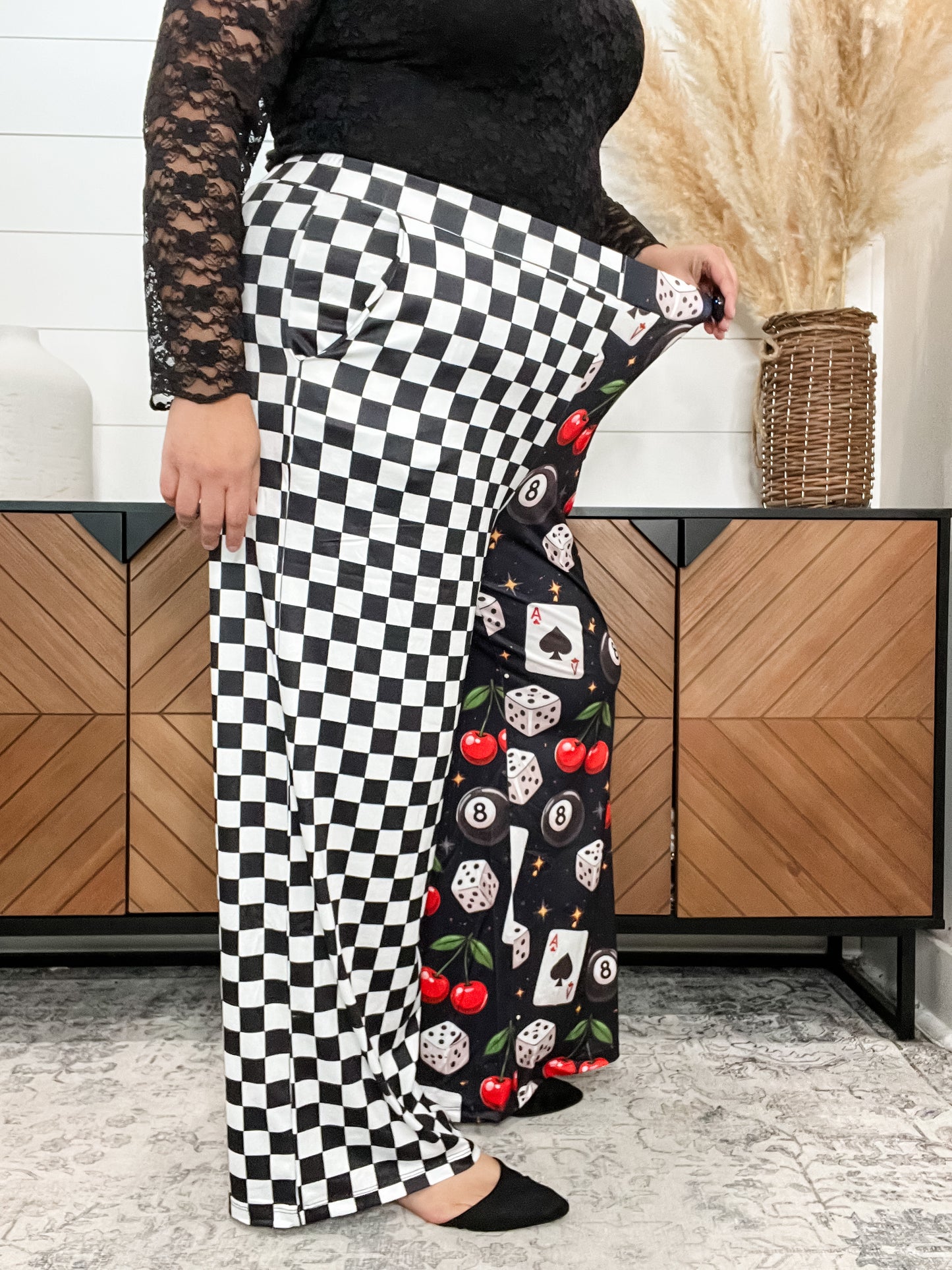 Black & White Checkered Print Meets Casino Night Printed Wide Leg Pants