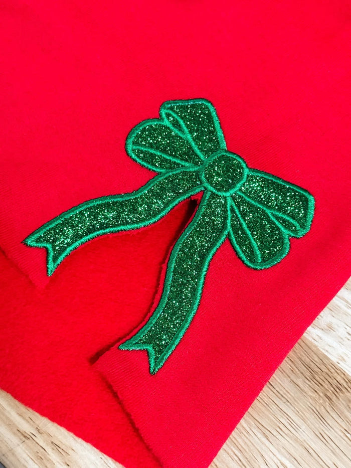 JOCOink Merry Christmas with side bows - ash grey, red glitter embroidered bows | Lola Monroe Boutique