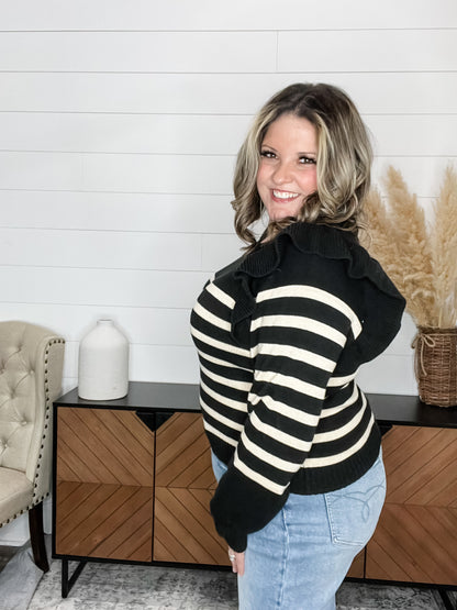 "Tish" Long Sleeve Ruffle Shoulder Sweater