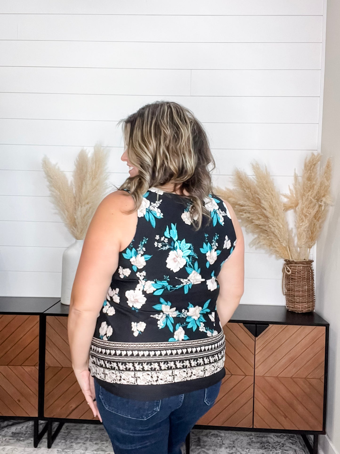 "James" Floral U Neck Tank (Black & Aqua)