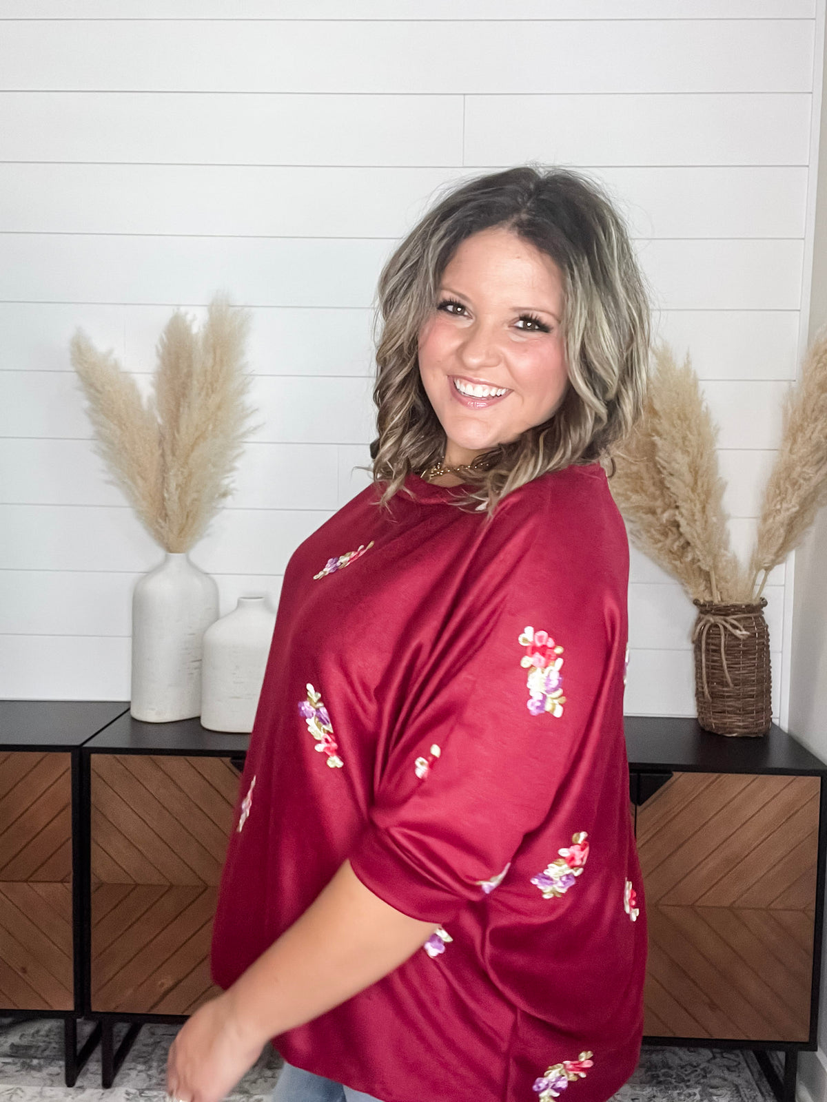 Dear Scarlett "Deceptive" Floral Embroidered Short Sleeve Dolman with Cuff and Collar (Wine)