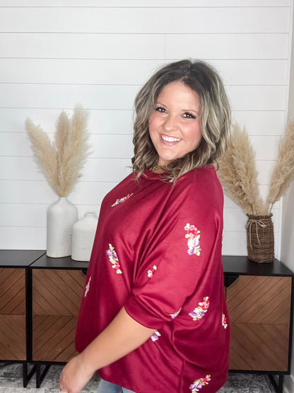 "Deceptive" Floral Embroidered Short Sleeve Dolman with Cuff and Collar (Wine)