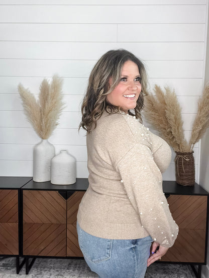 "Discreet" Long Sleeve Pearl Embellished Balloon Sleeve Sweater