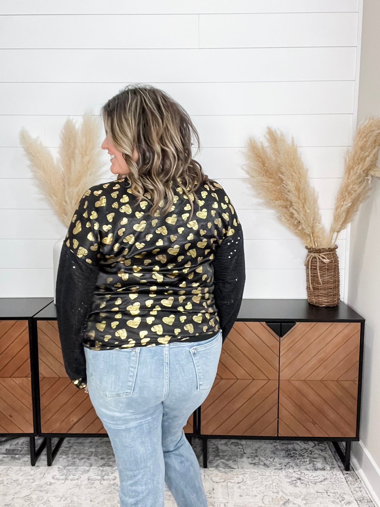 "Golden" Long Sequin Sleeved Top with Foil Hearts