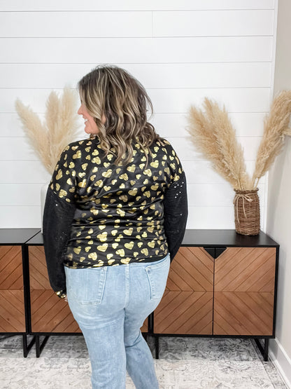 "Golden" Long Sequin Sleeved Top with Foil Hearts