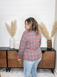 "In To It" Long Sleeve Plaid V Neck with Chest Pocket