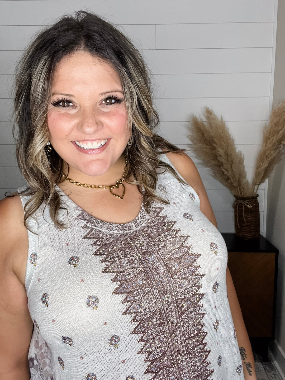 "It's A Date" Bejeweled with Lace Inserts V Neck Tank Top