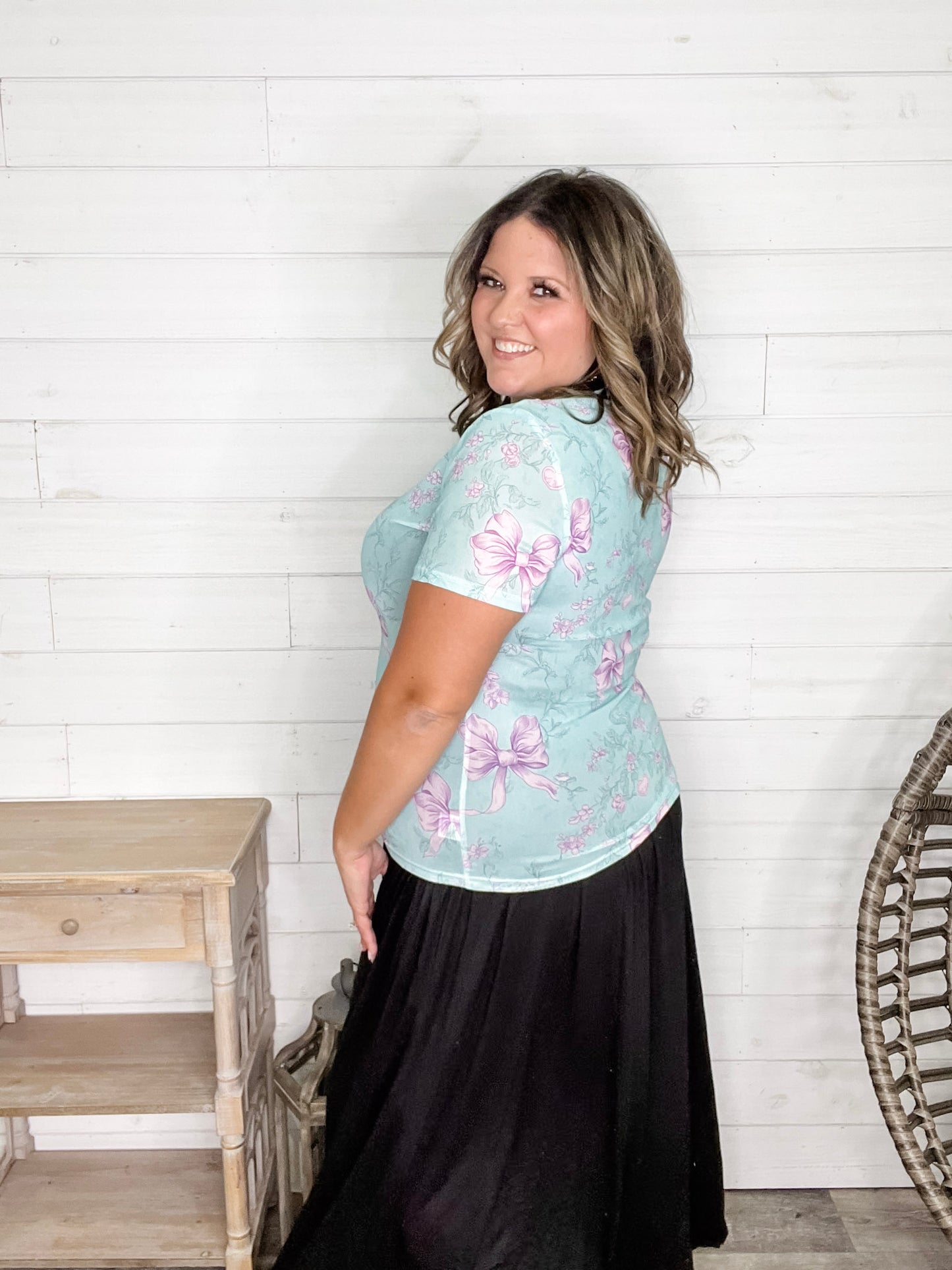 Shirley & Stone "Lavender Bows" Short Sleeve Mesh Top