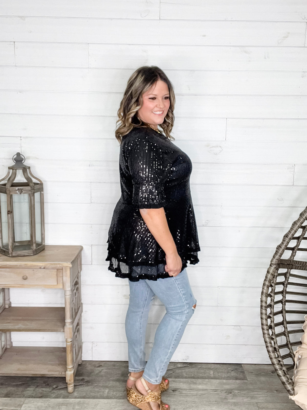 "Caught A Glimpse" Sequined Ruffle Hem and Sleeve (Black)