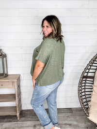 "Ponder" Oversized Hacci Tee with Chest Pocket (Light Olive)