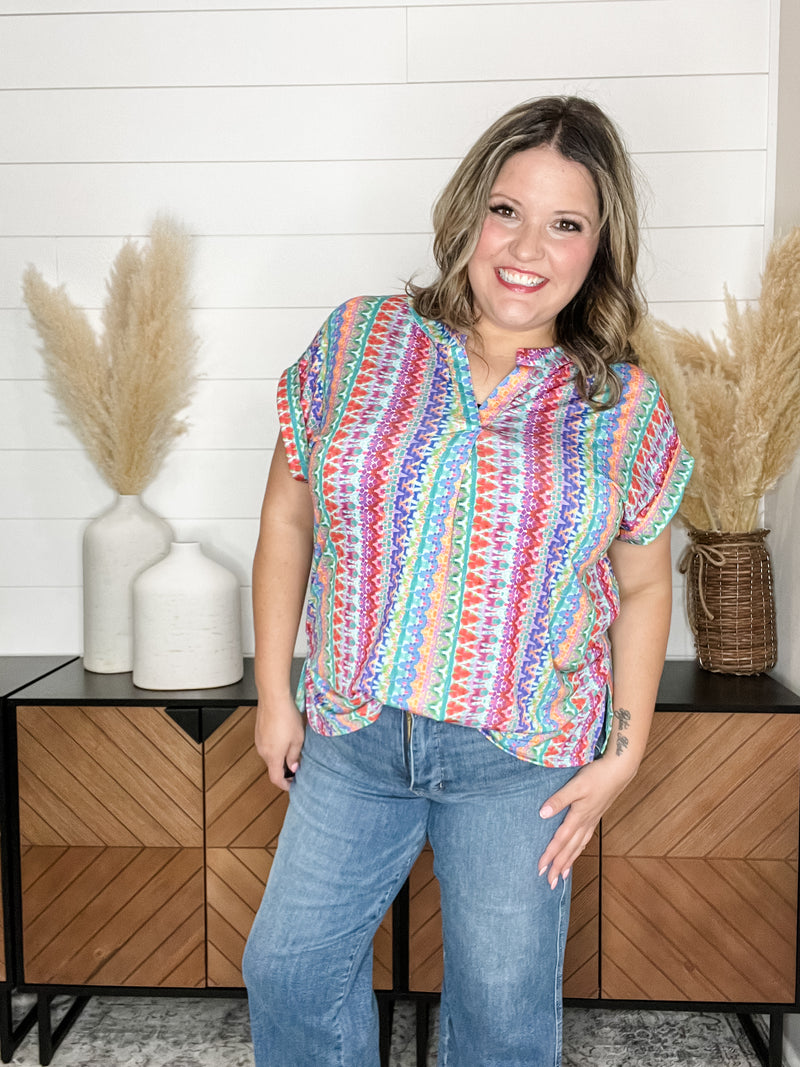 "Rainbows" Split Neck Cuffed Short Sleeve