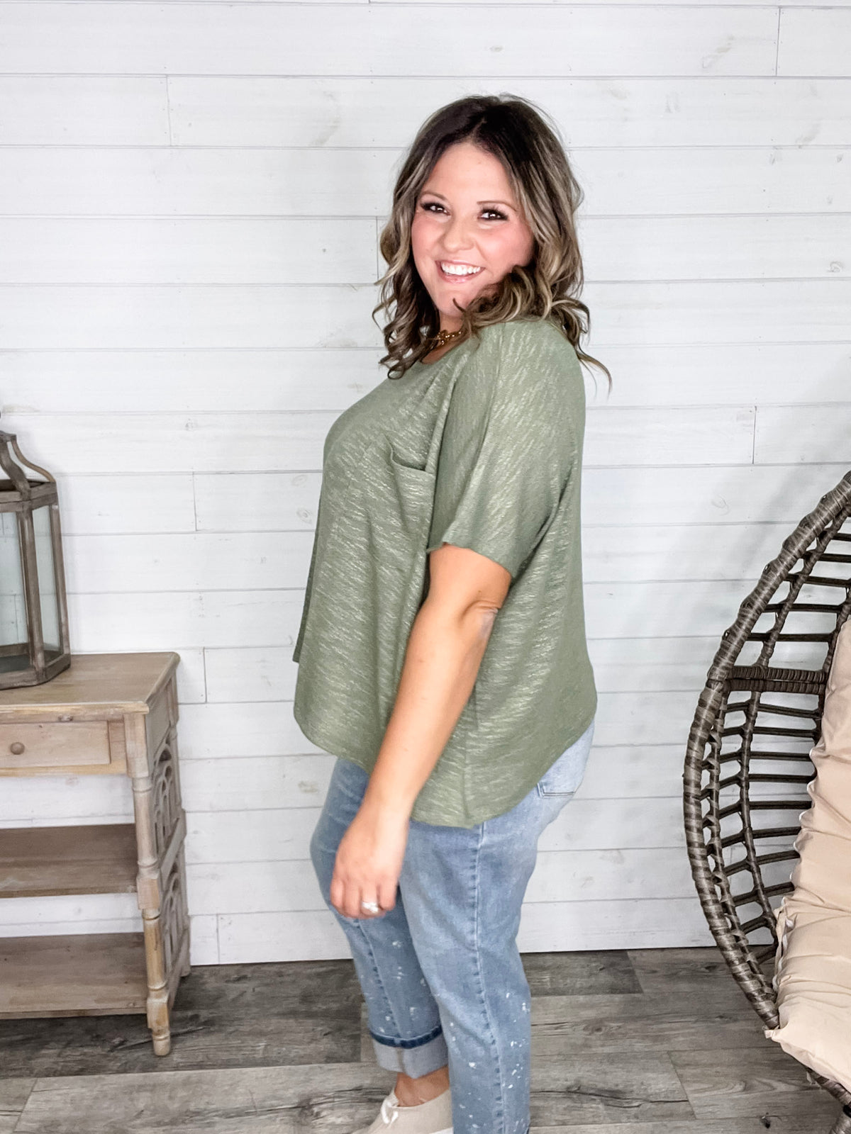 "Ponder" Oversized Hacci Tee with Chest Pocket (Light Olive)