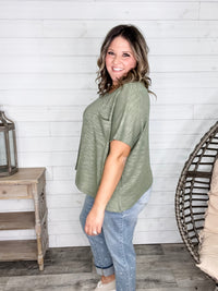 "Ponder" Oversized Hacci Tee with Chest Pocket (Light Olive)