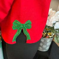 JOCOink Merry Christmas with side bows - embroidered bows, raw cut hem | Lola Monroe Boutique