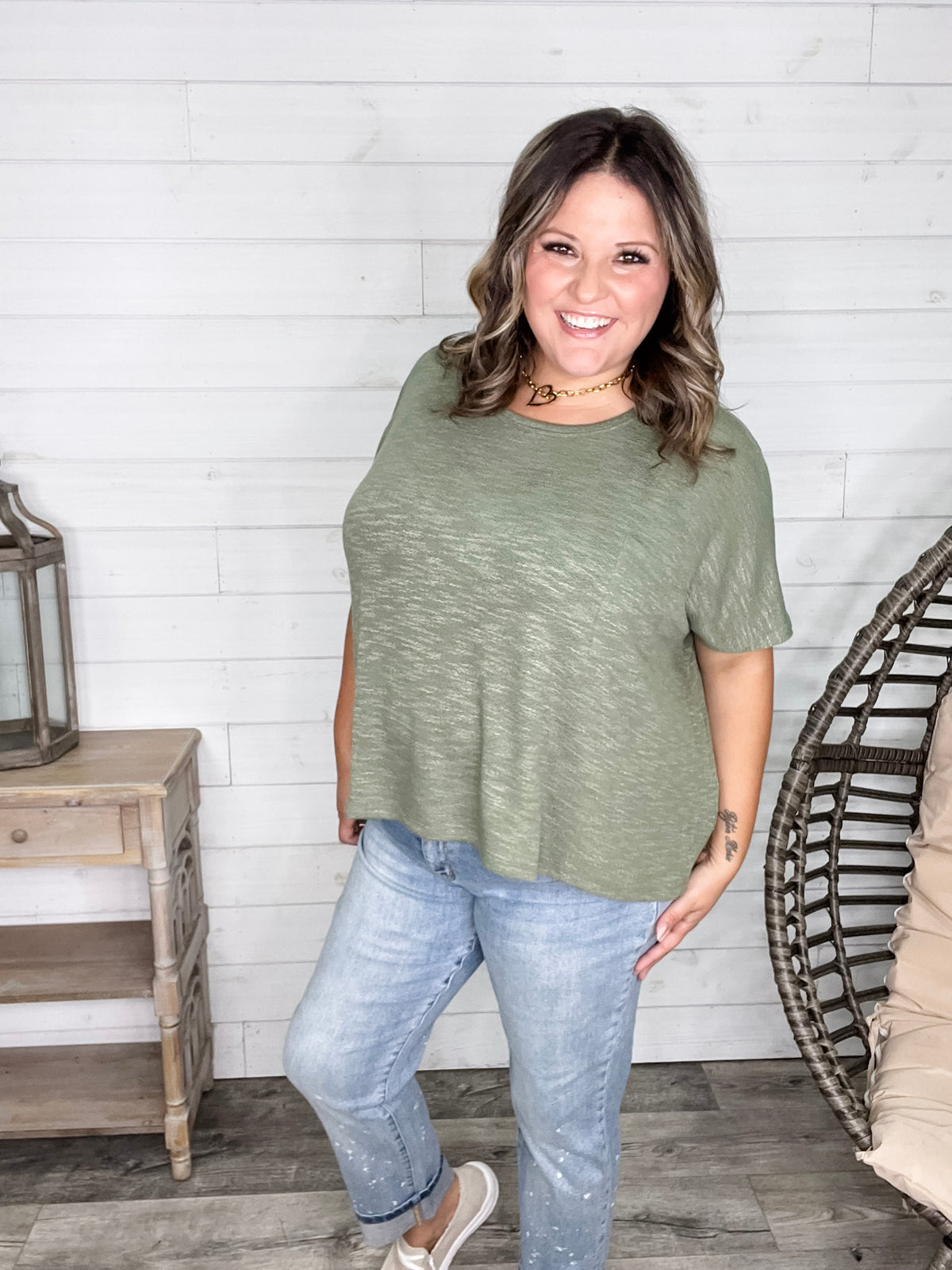 "Ponder" Oversized Hacci Tee with Chest Pocket (Light Olive)