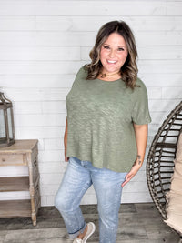 "Ponder" Oversized Hacci Tee with Chest Pocket (Light Olive)