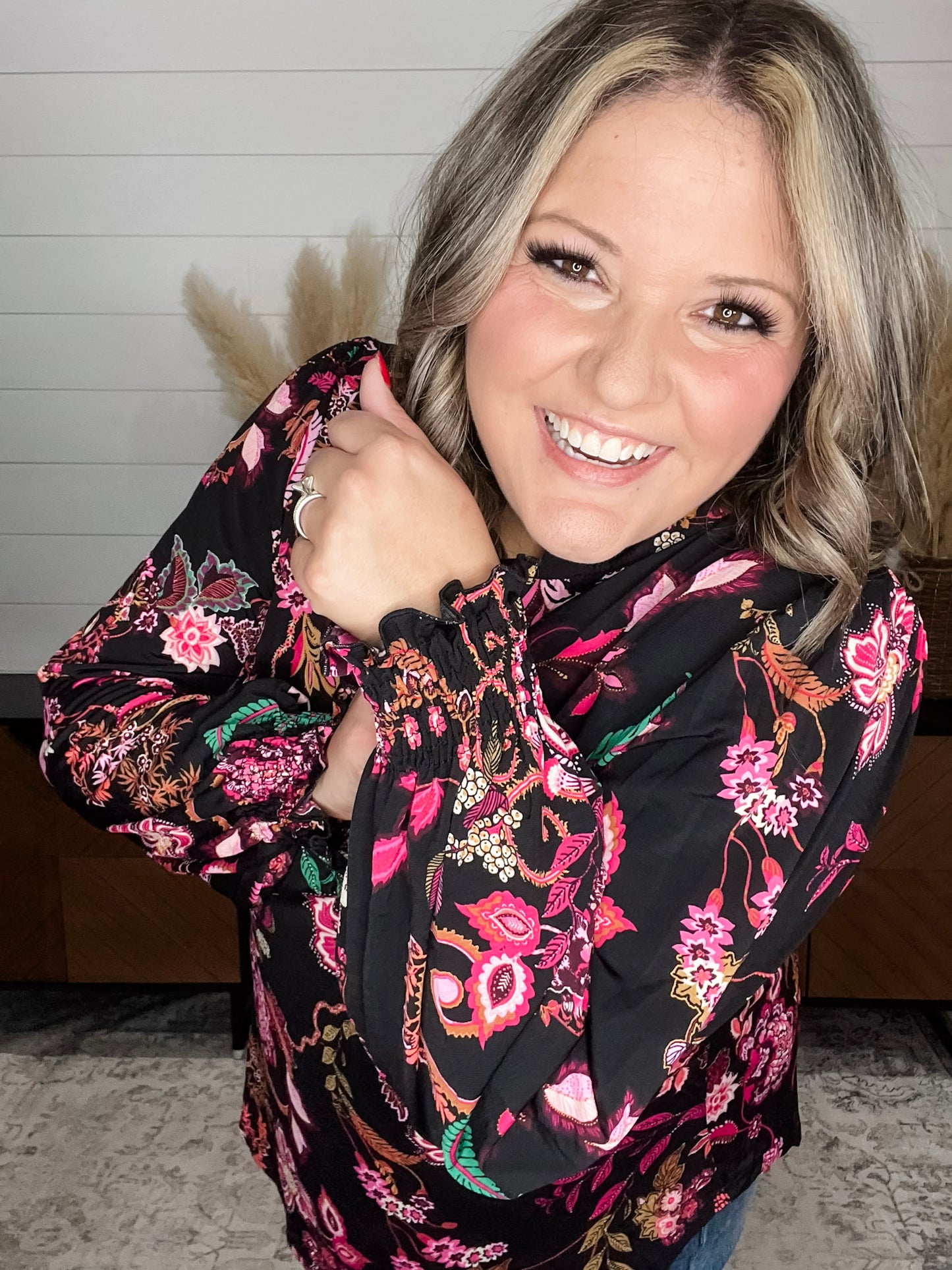 "Anniston" Smocked Wrist Long Sleeve Split Neck
