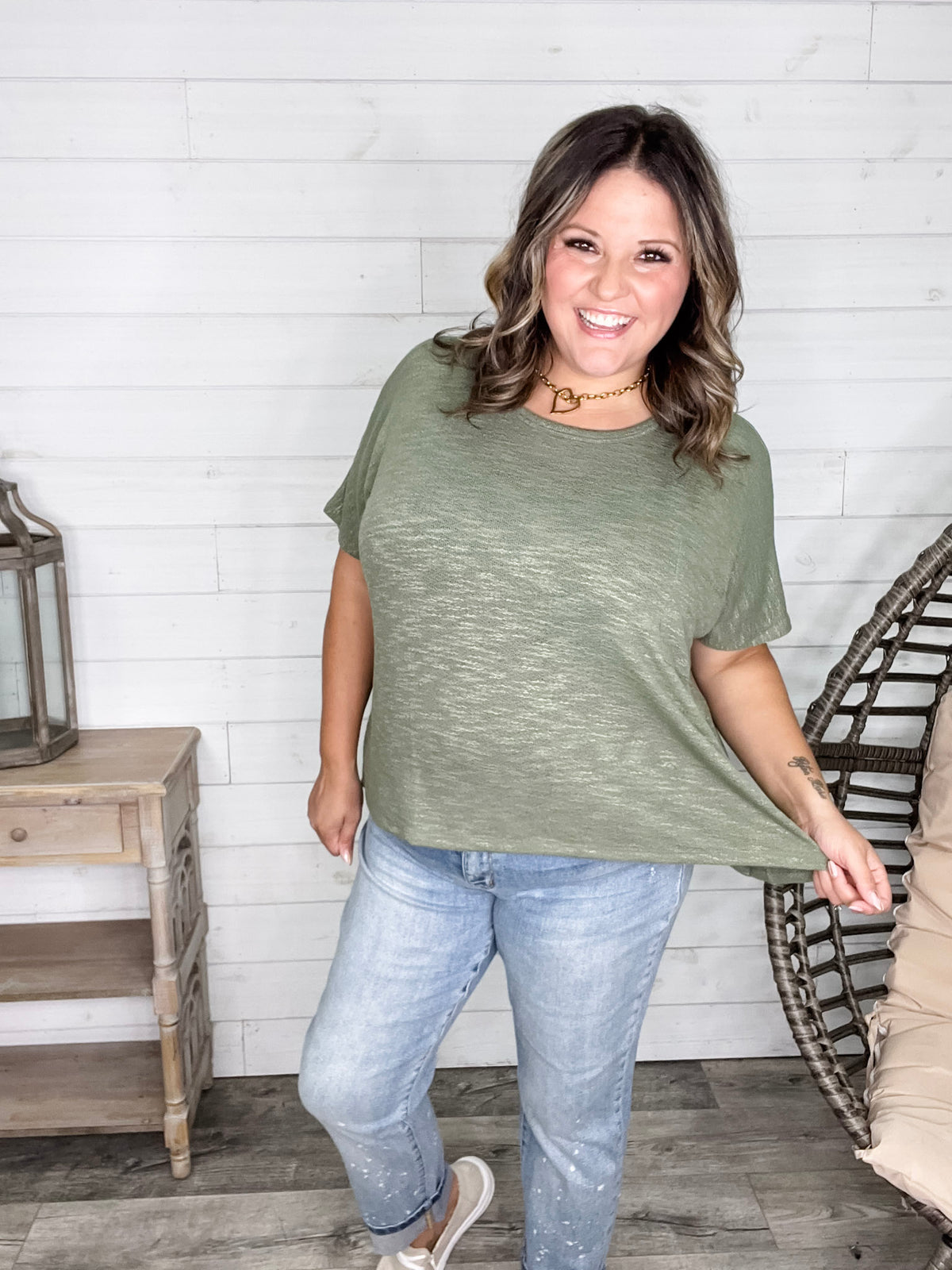"Ponder" Oversized Hacci Tee with Chest Pocket (Light Olive)