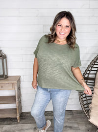 "Ponder" Oversized Hacci Tee with Chest Pocket (Light Olive)