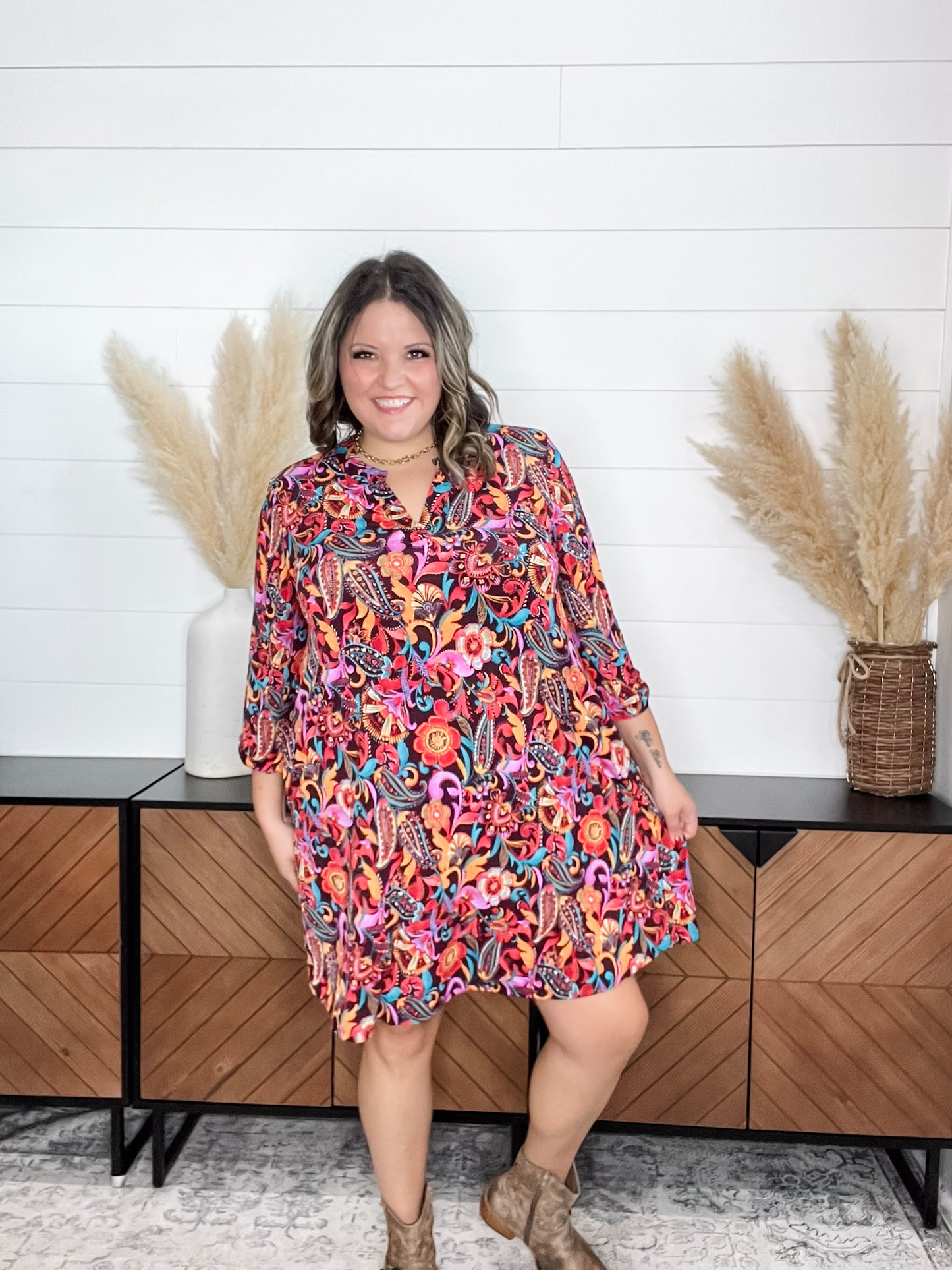 Dear Scarlett "Nitrogen" 3/4 Sleeve Split Neck Dress with Pockets