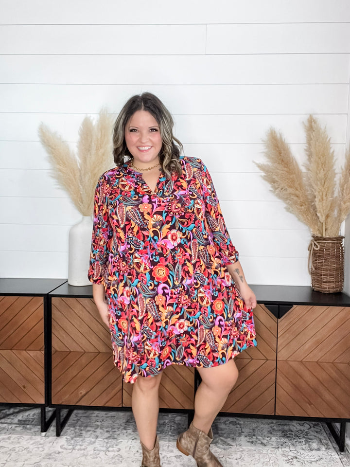 Dear Scarlett "Nitrogen" 3/4 Sleeve Split Neck Dress with Pockets