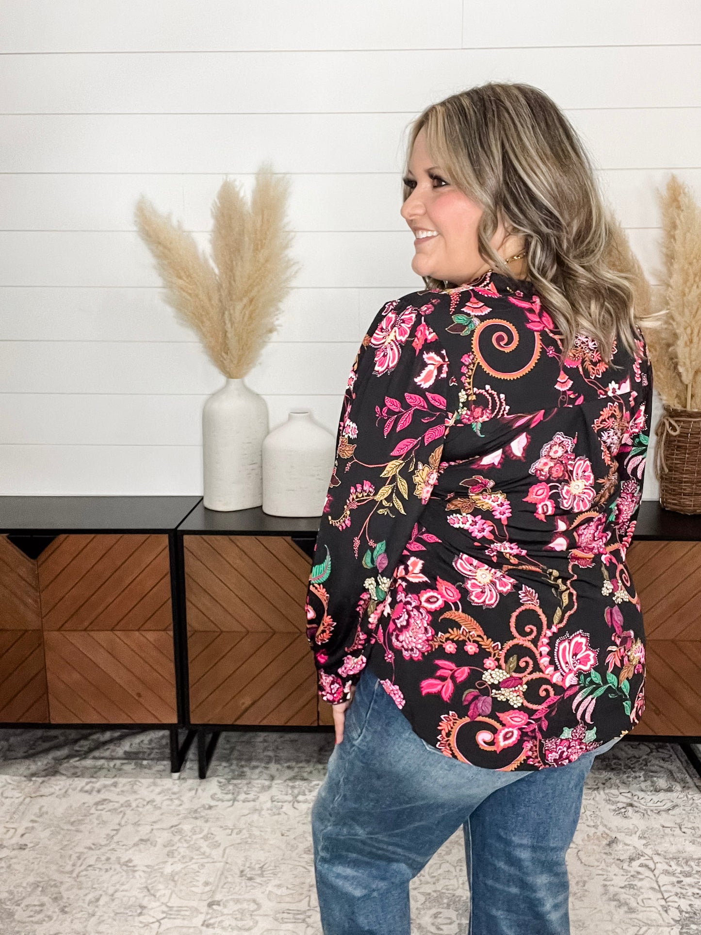 "Anniston" Smocked Wrist Long Sleeve Split Neck