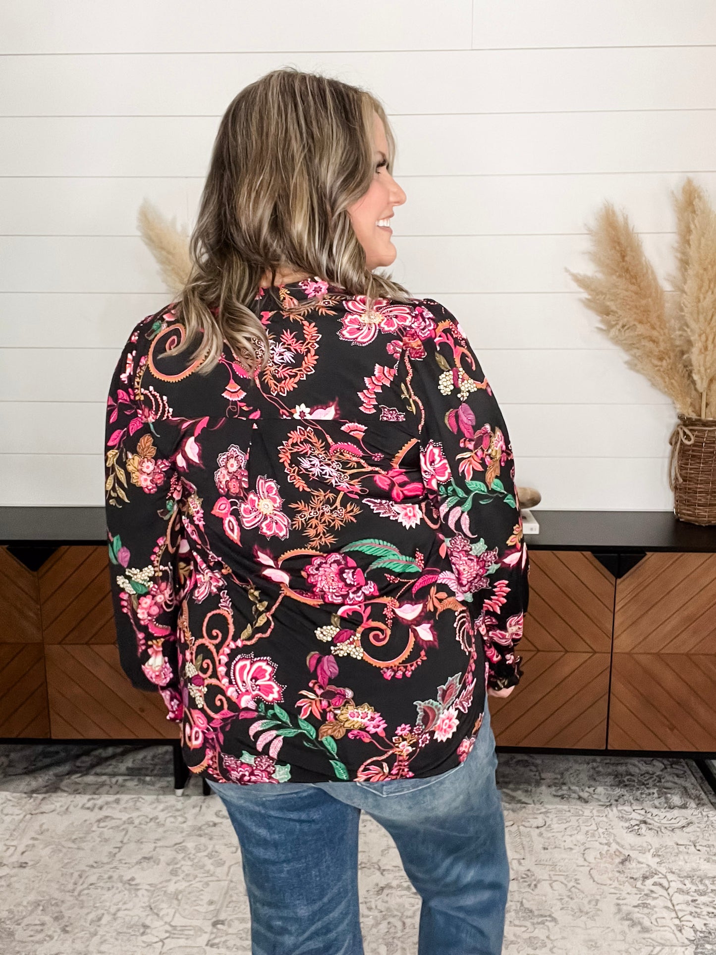 "Anniston" Smocked Wrist Long Sleeve Split Neck