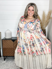 "Country In The Park" Long Sleeve V Neck Lace Dress (Bold Floral)