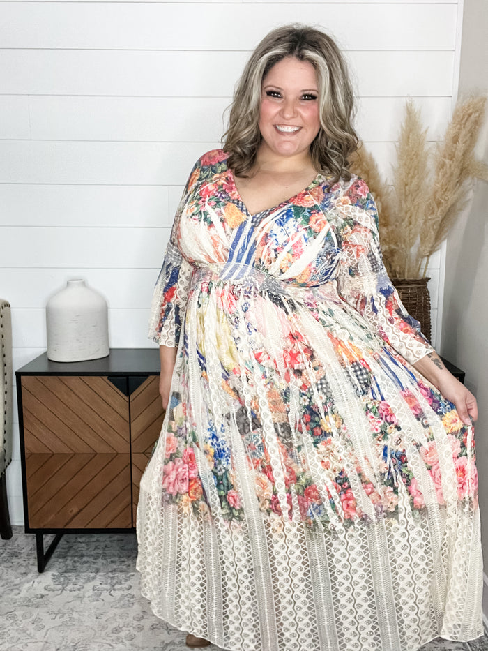 "Country In The Park" Long Sleeve V Neck Lace Dress (Bold Floral)