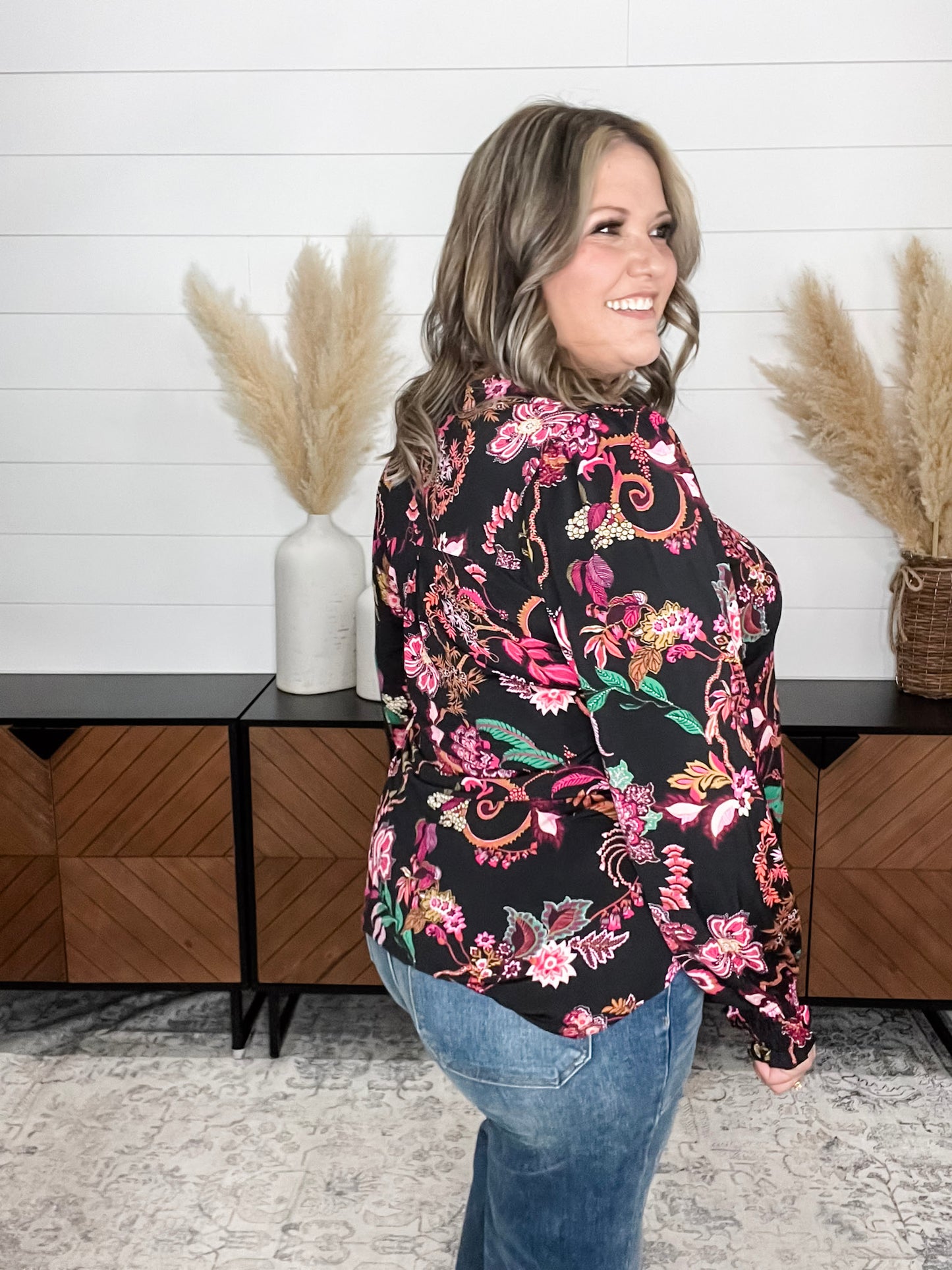 "Anniston" Smocked Wrist Long Sleeve Split Neck