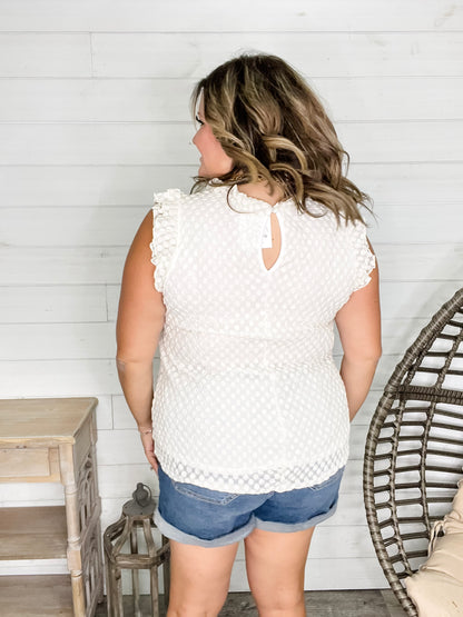 "Swiss Miss" Sleeveless Ruffle Cap and Collar with Back Button Detail (Off White)