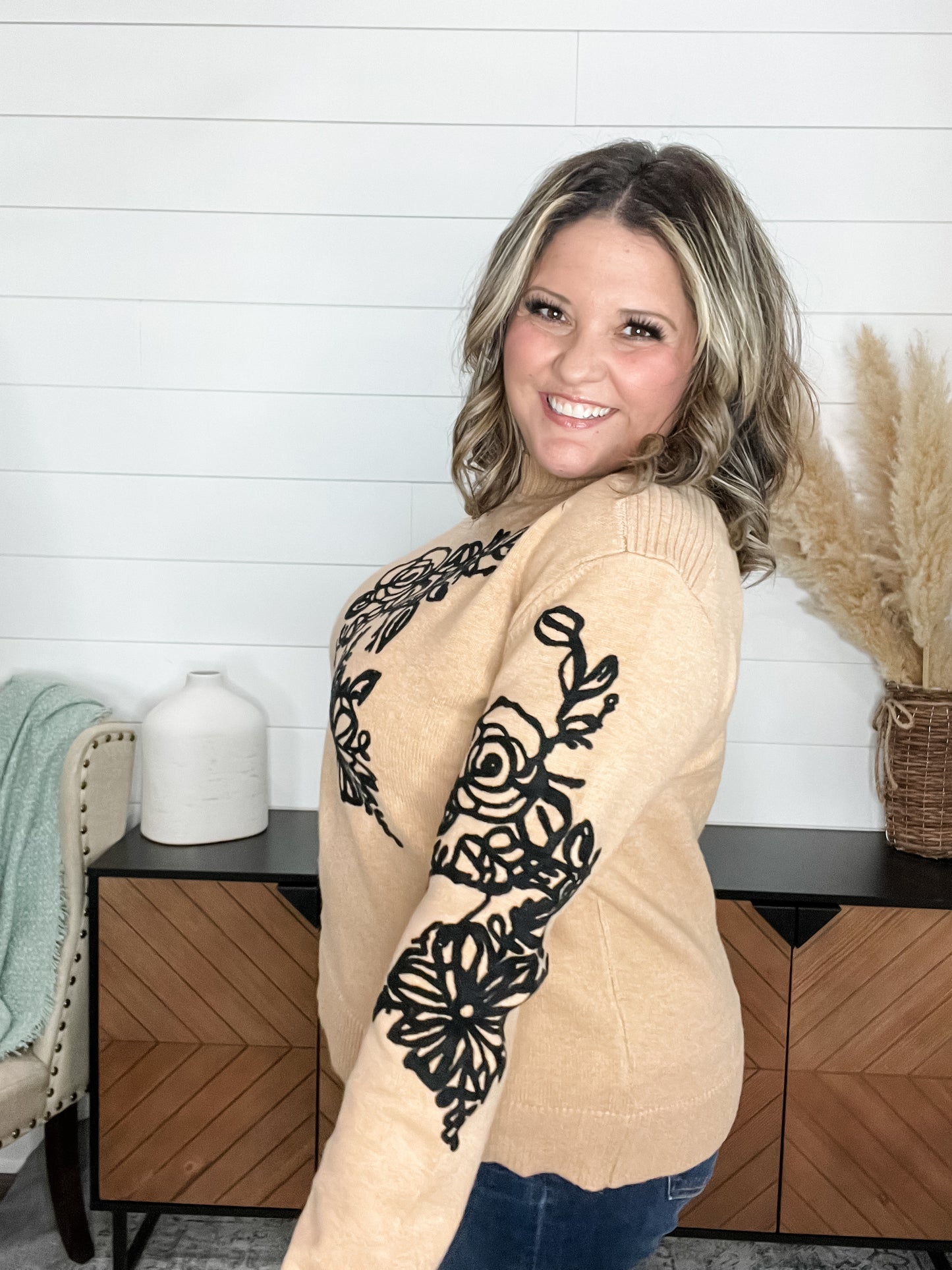 "About That" Long Sleeve Sweater with Floral Applique