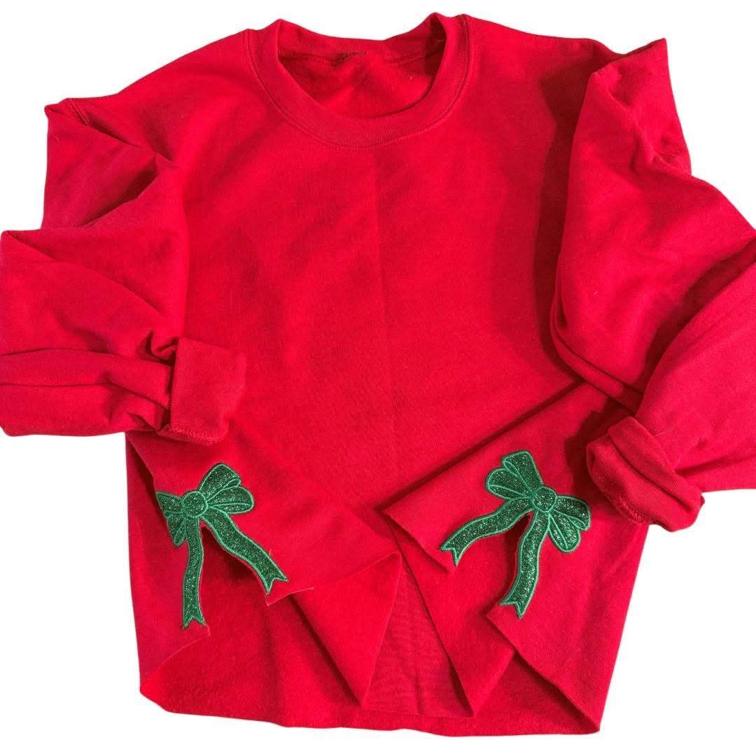 JOCOink sweatshirt with embroidered side bows, red metallic ink, green glitter appliqué | Lola Monroe Boutique