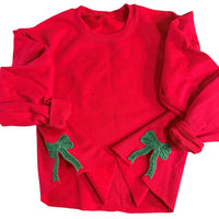 JOCOink sweatshirt with embroidered side bows, red metallic ink, green glitter appliqué | Lola Monroe Boutique