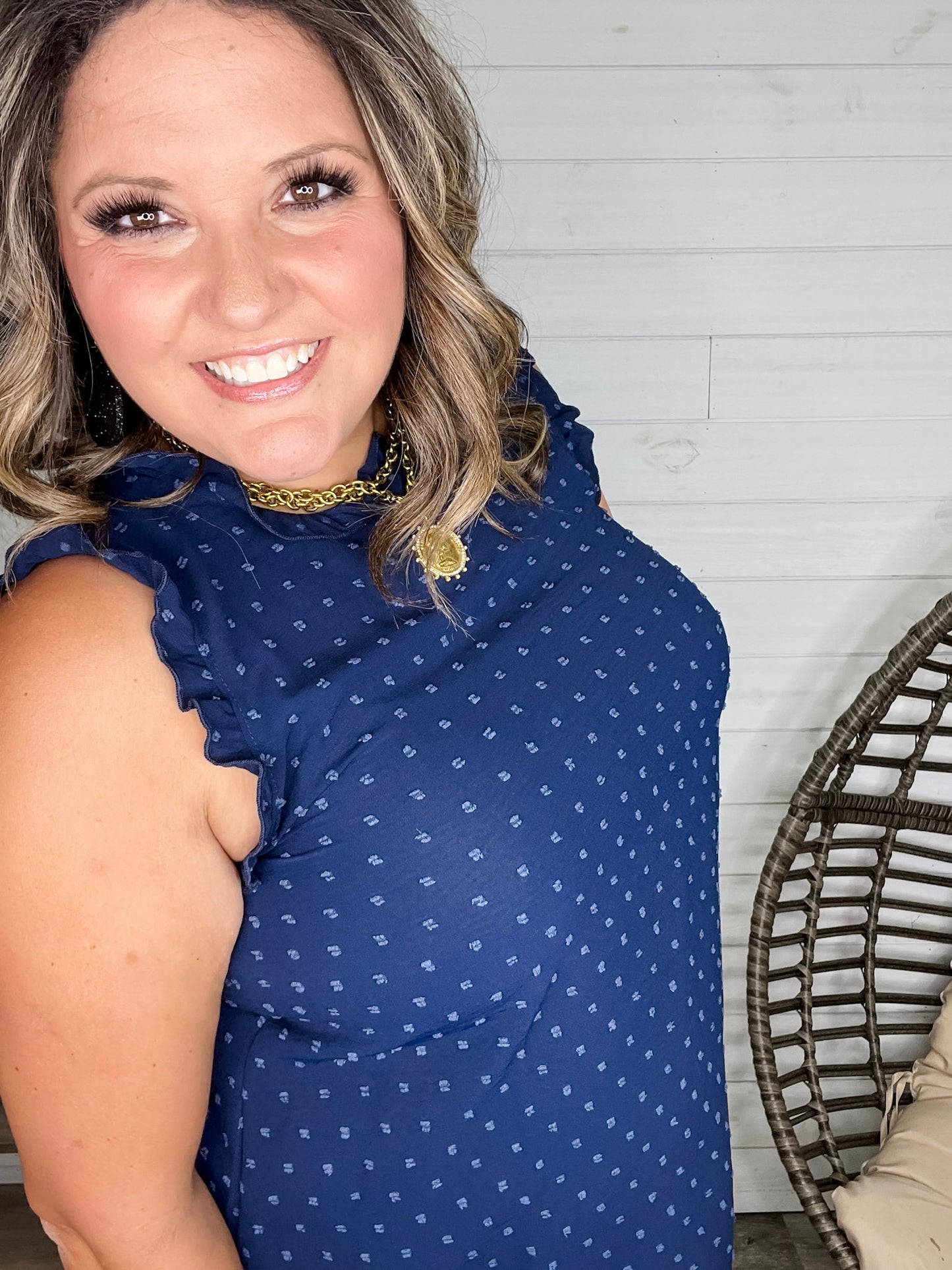 "Swiss Miss" Sleeveless Ruffle Cap and Collar with Back Button Detail (Navy)
