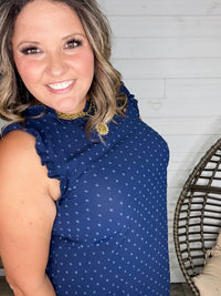"Swiss Miss" Sleeveless Ruffle Cap and Collar with Back Button Detail (Navy)