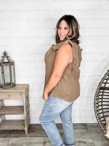 "Wheatland" Ruffle Cap V Neck with Tie Detail (Mocha)